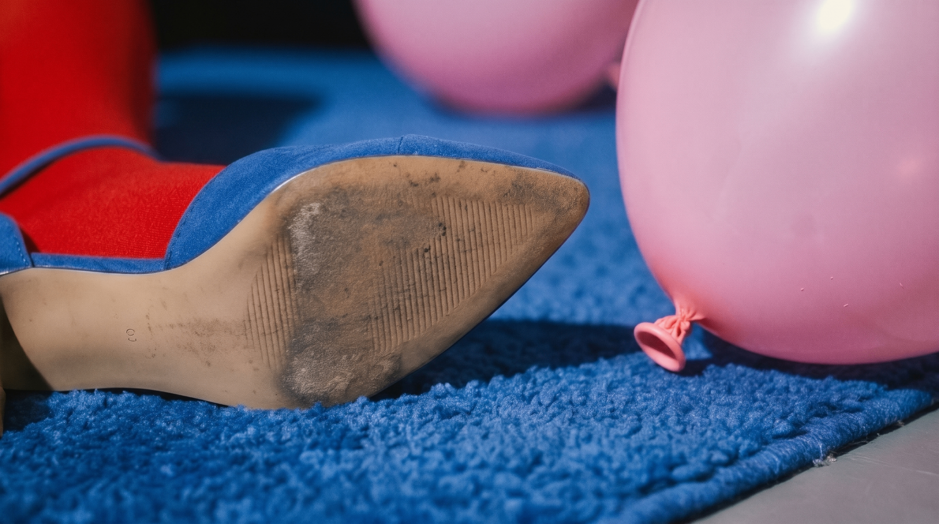A blue suede heel between pink balloons