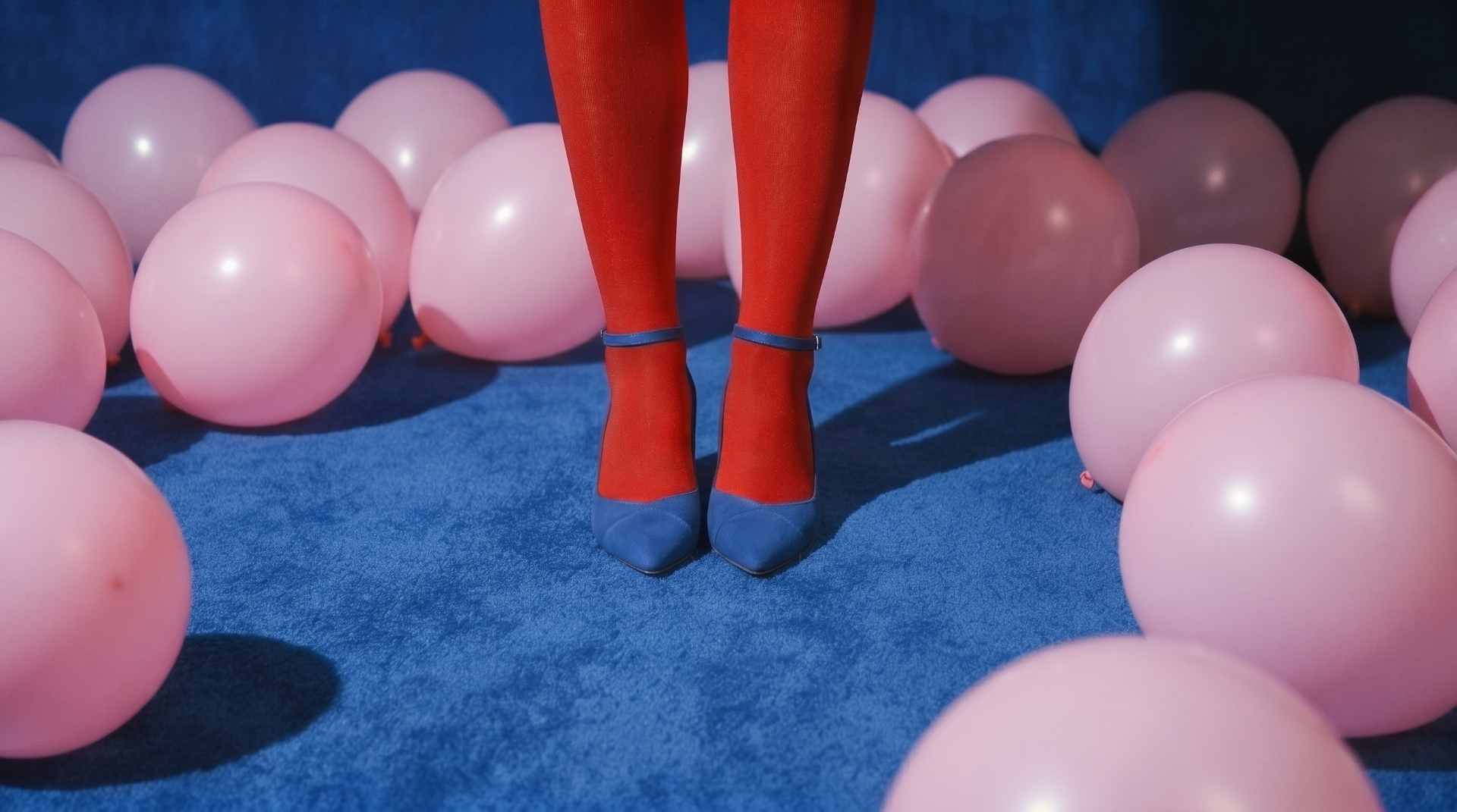 Red-stockinged legs in blue heels standing in a ring of pink balloons