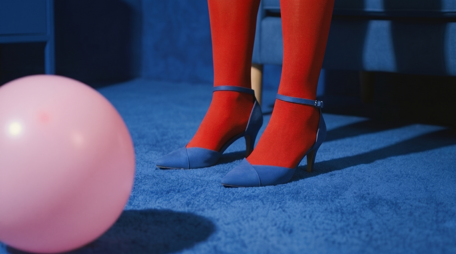 Red-stockinged legs in blue suede heels on blue carpet beside a pink balloon