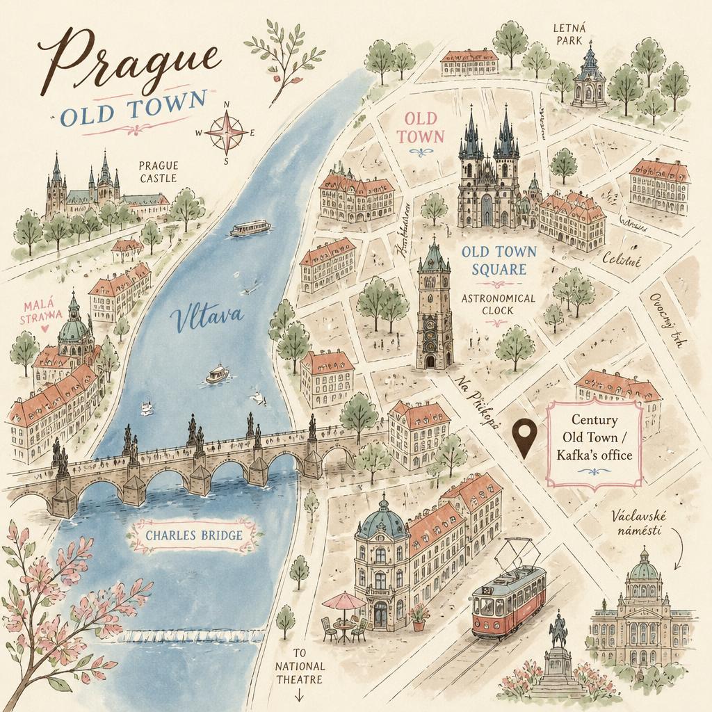 Illustrated muted-colour map of Prague Old Town with the Century Old Town / Kafka's office marked