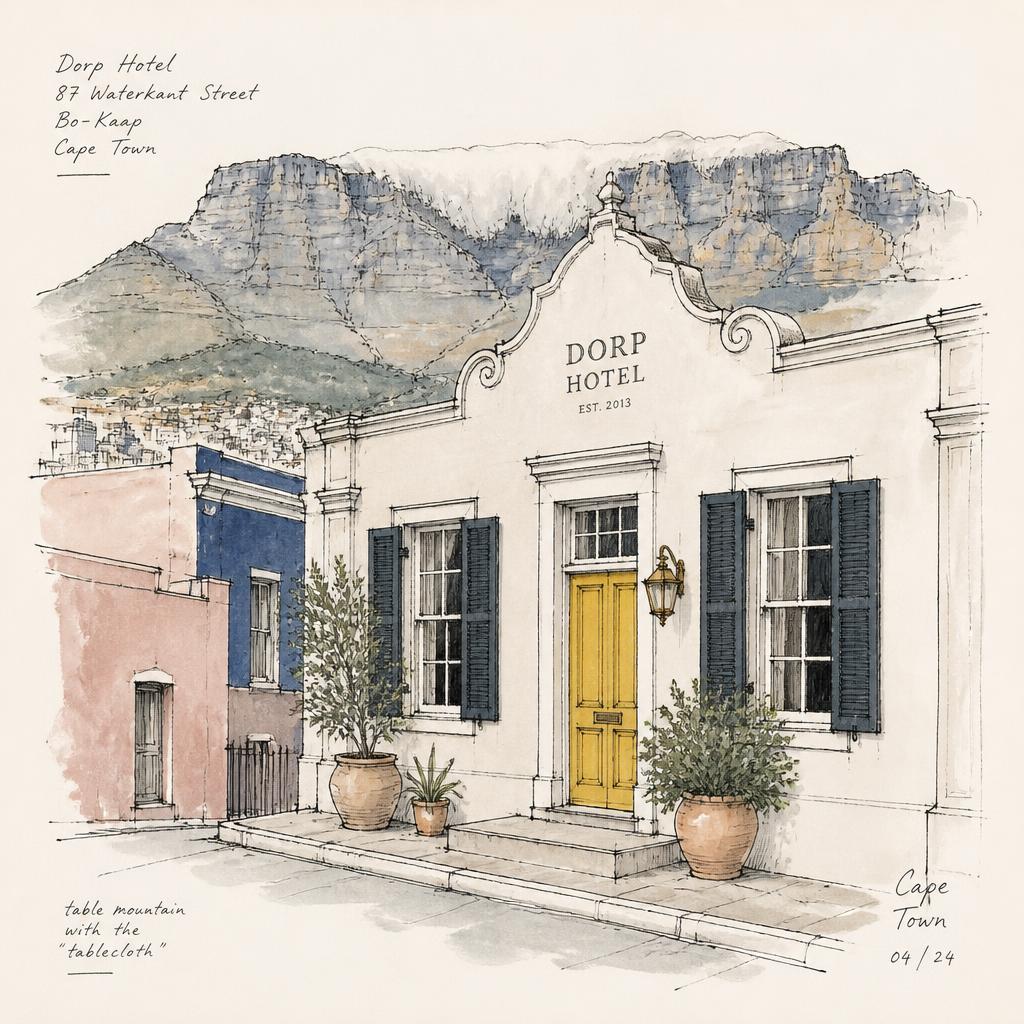 Hand-drawn sketch of the Dorp Hotel facade in Bo-Kaap with Table Mountain behind it