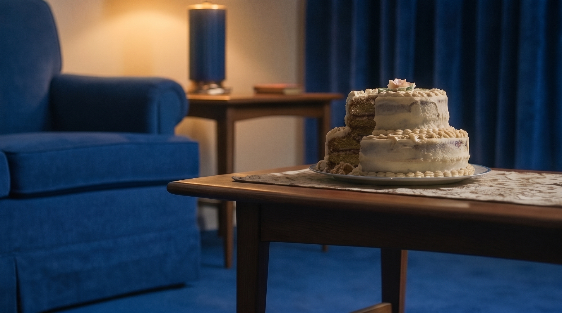 A tiered cake on a wooden table in a blue-curtained lounge