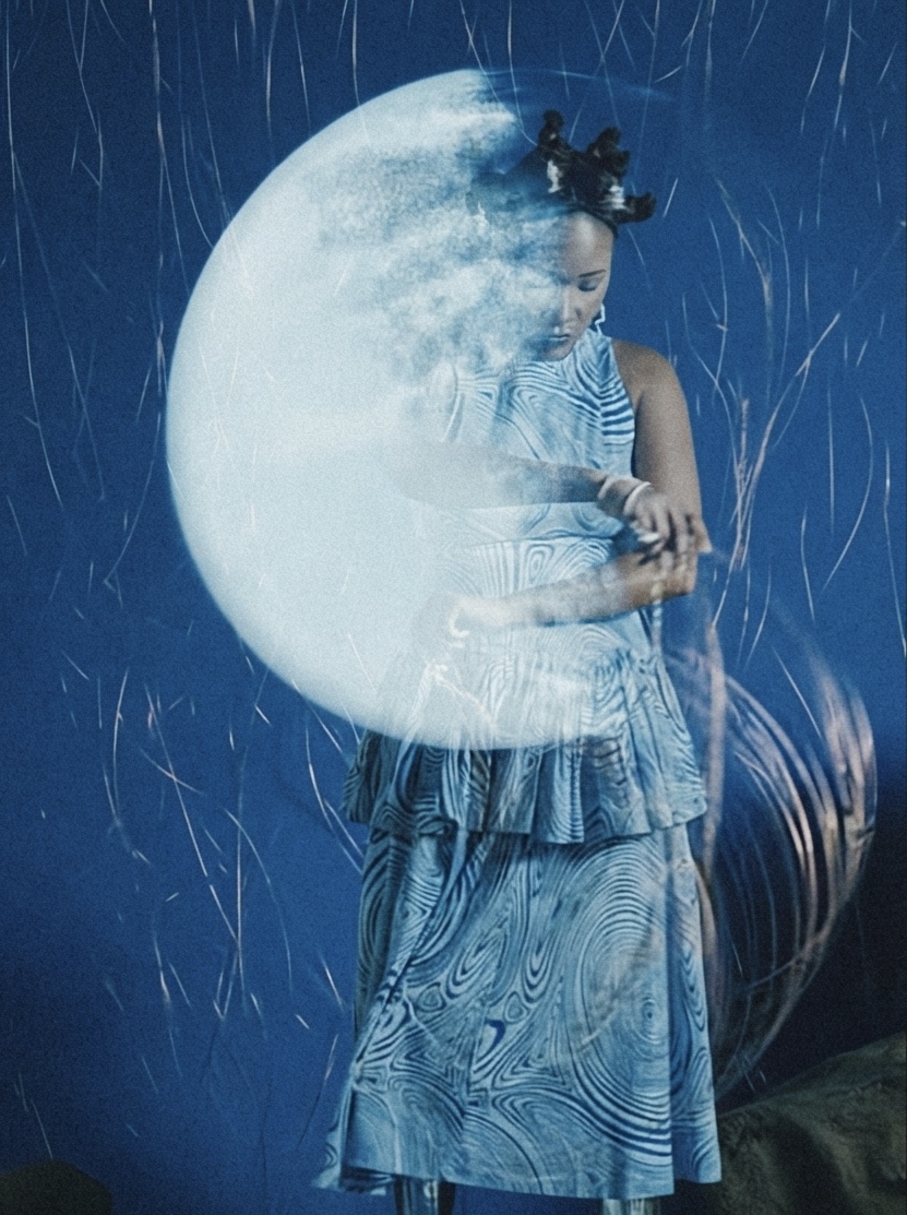 A figure in blue printed silk before a painted moon on a cobalt wall