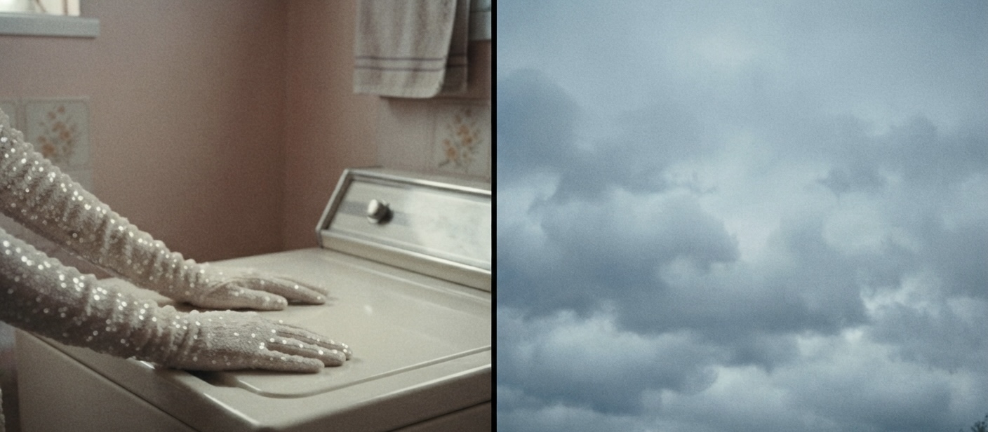 Sequinned gloves resting on a washing machine beside a panel of grey cloud