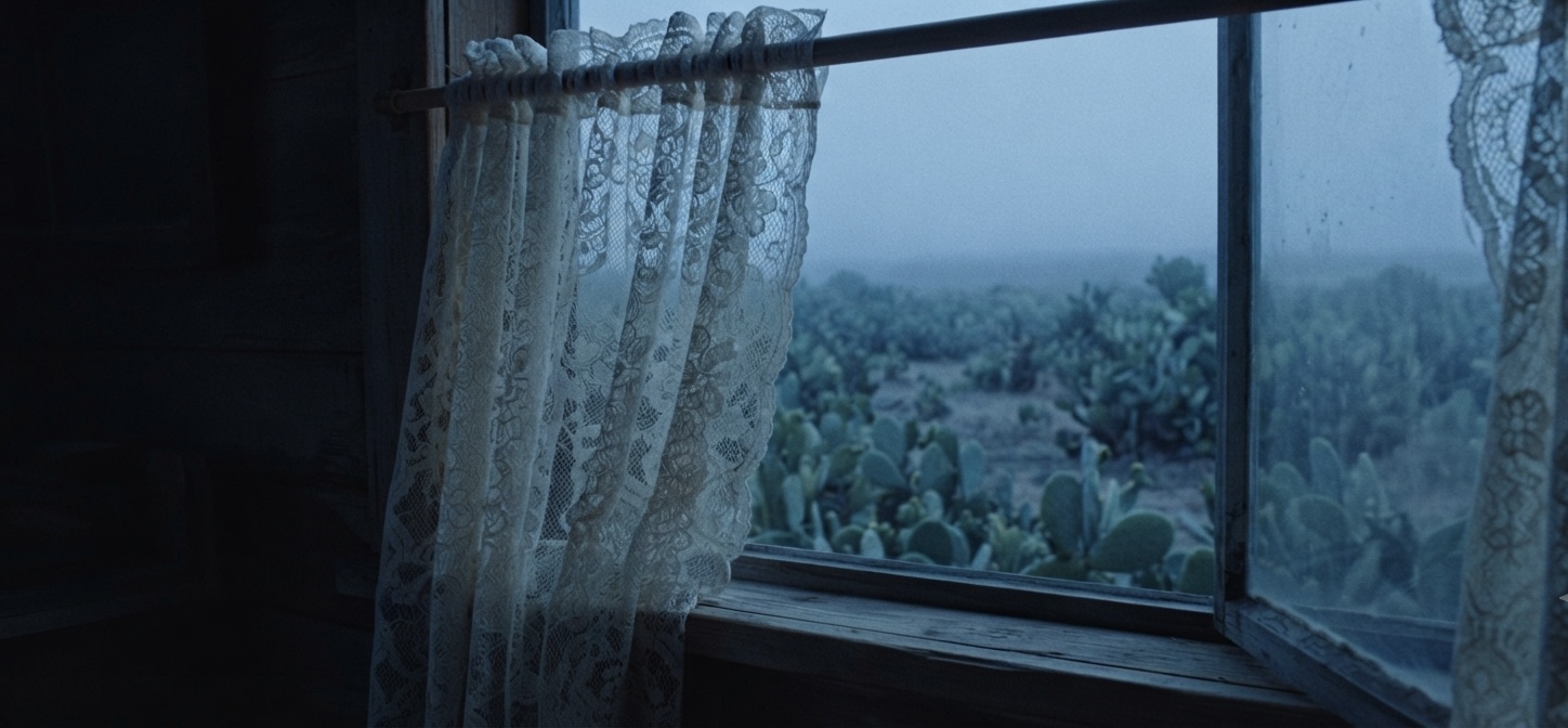 Lace curtain at a wooden window over a field of cactus at dusk