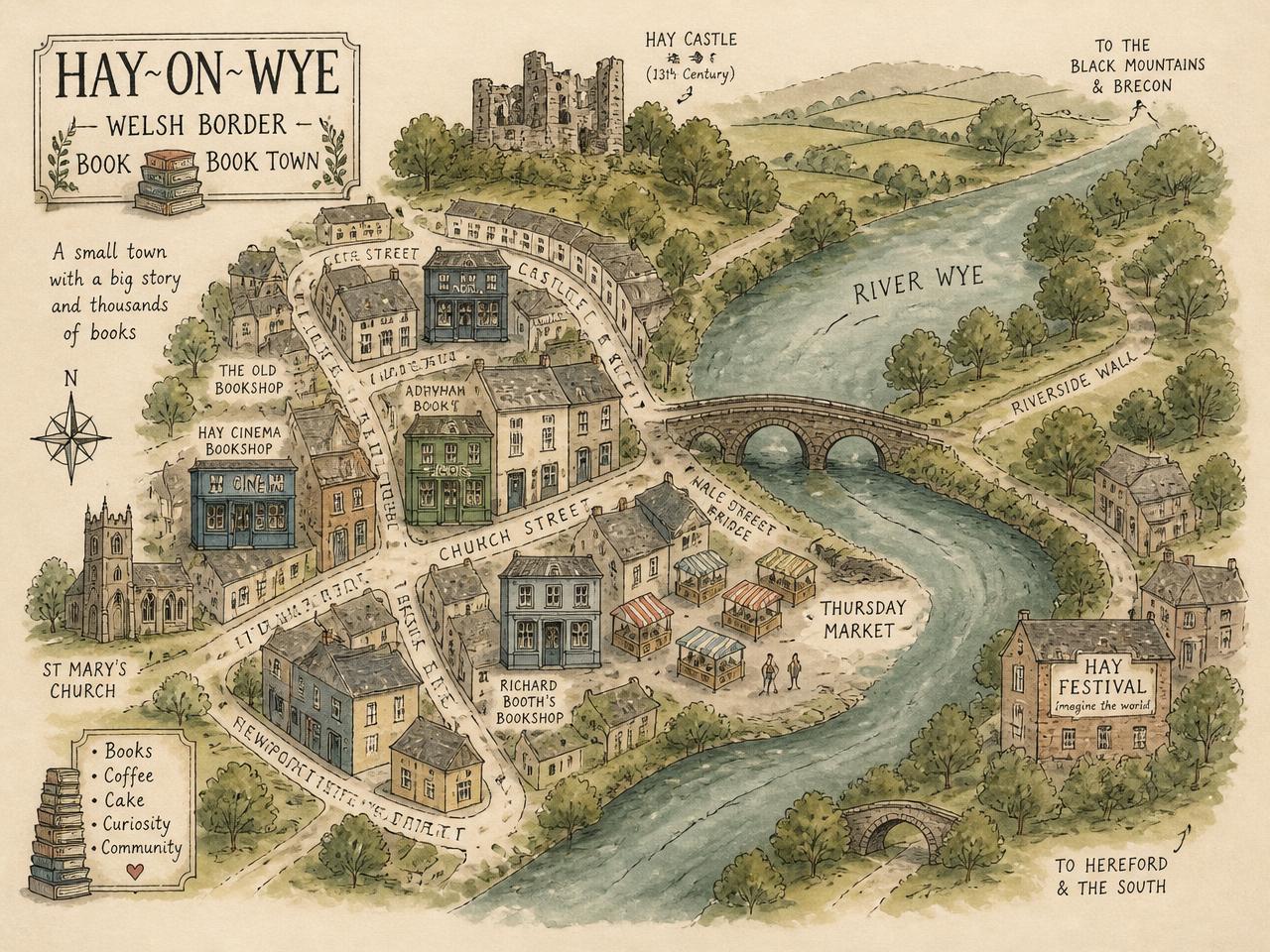 Hand-drawn muted-colour map of Hay-on-Wye showing the bookshops, castle, market and the River Wye