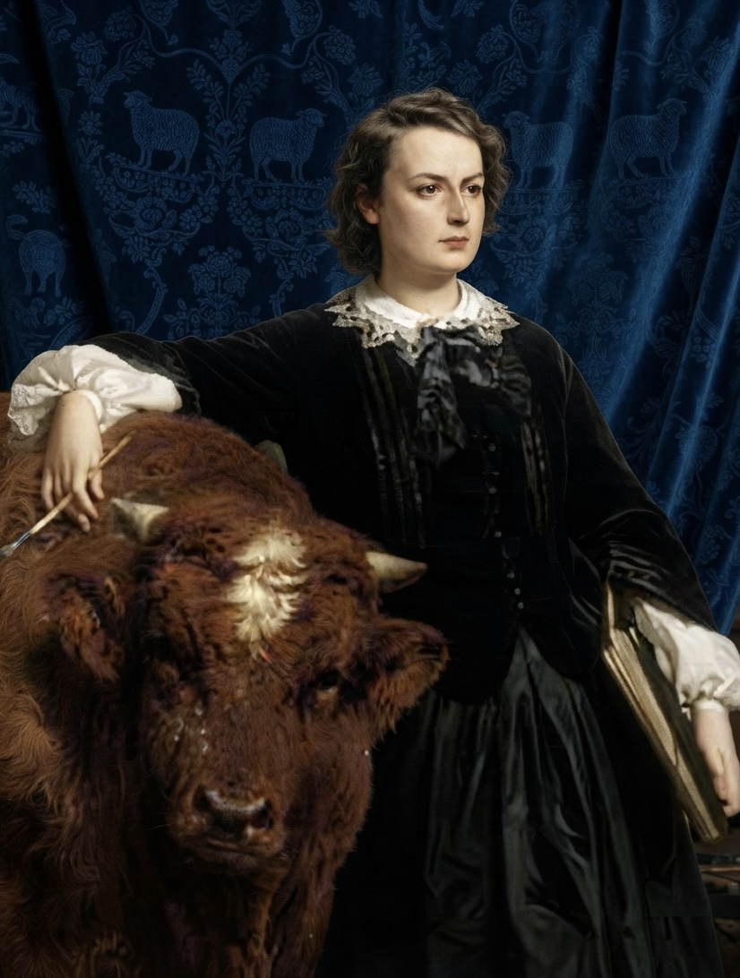 A nineteenth-century woman in black velvet resting a hand on a bull, before an indigo curtain