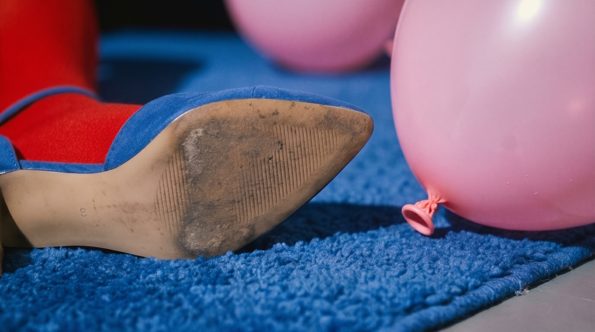 The worn sole of a blue suede heel on blue carpet next to a pink balloon