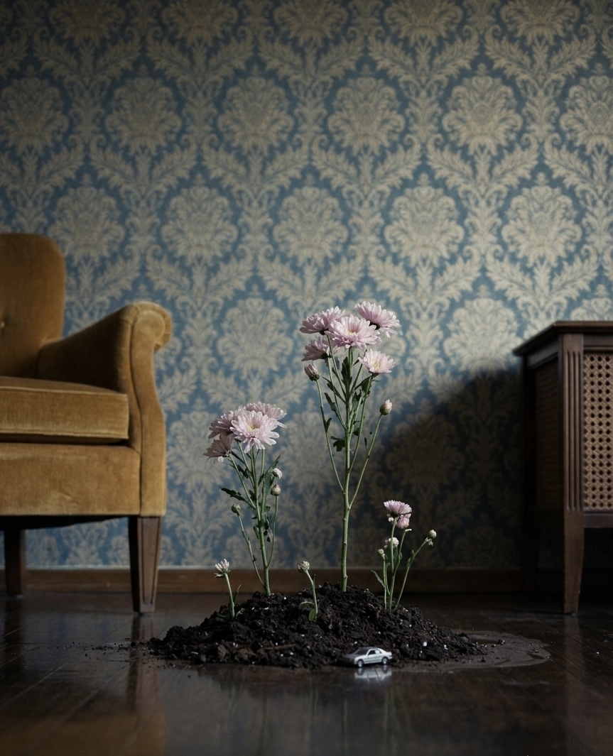 Pink chrysanthemums on damask wallpaper