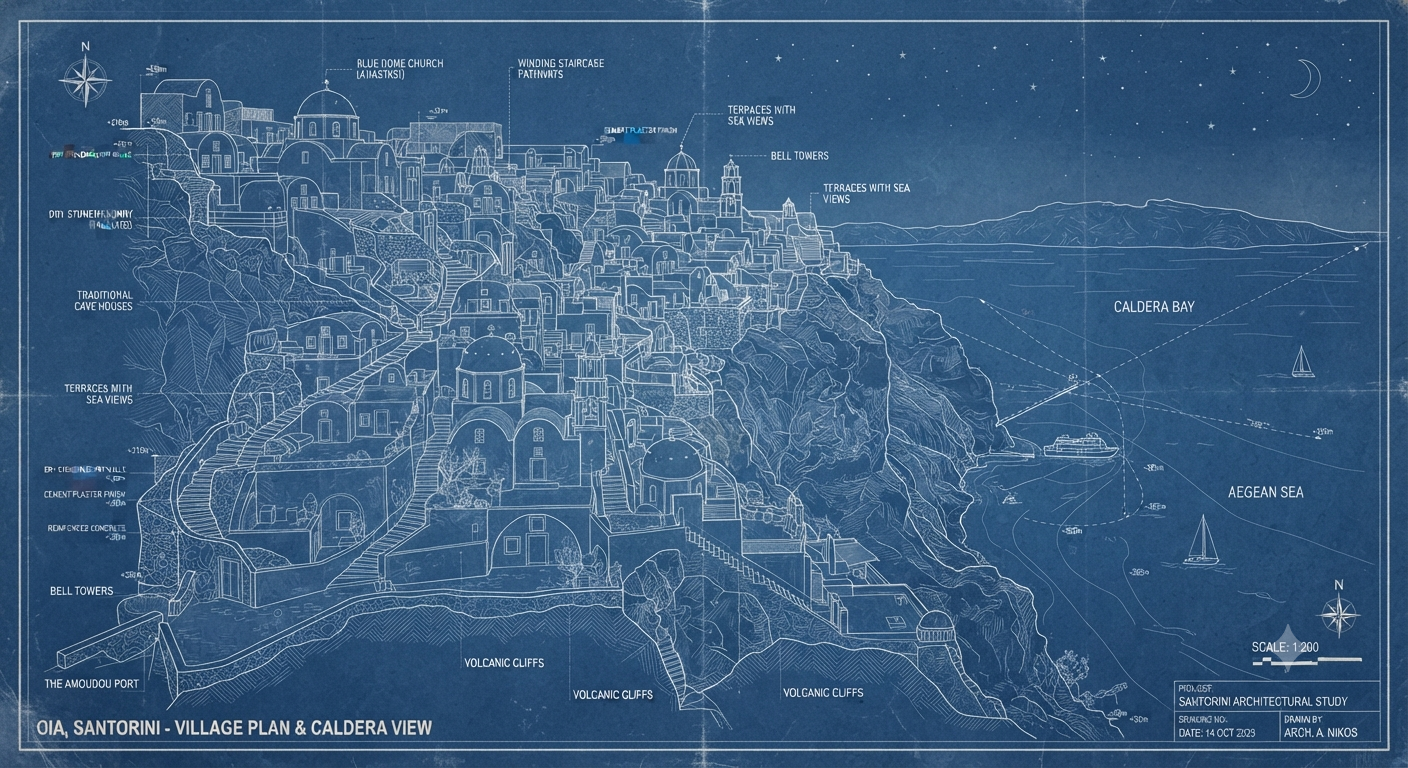 Architectural blueprint drawing of Oia, Santorini — village plan and caldera view
