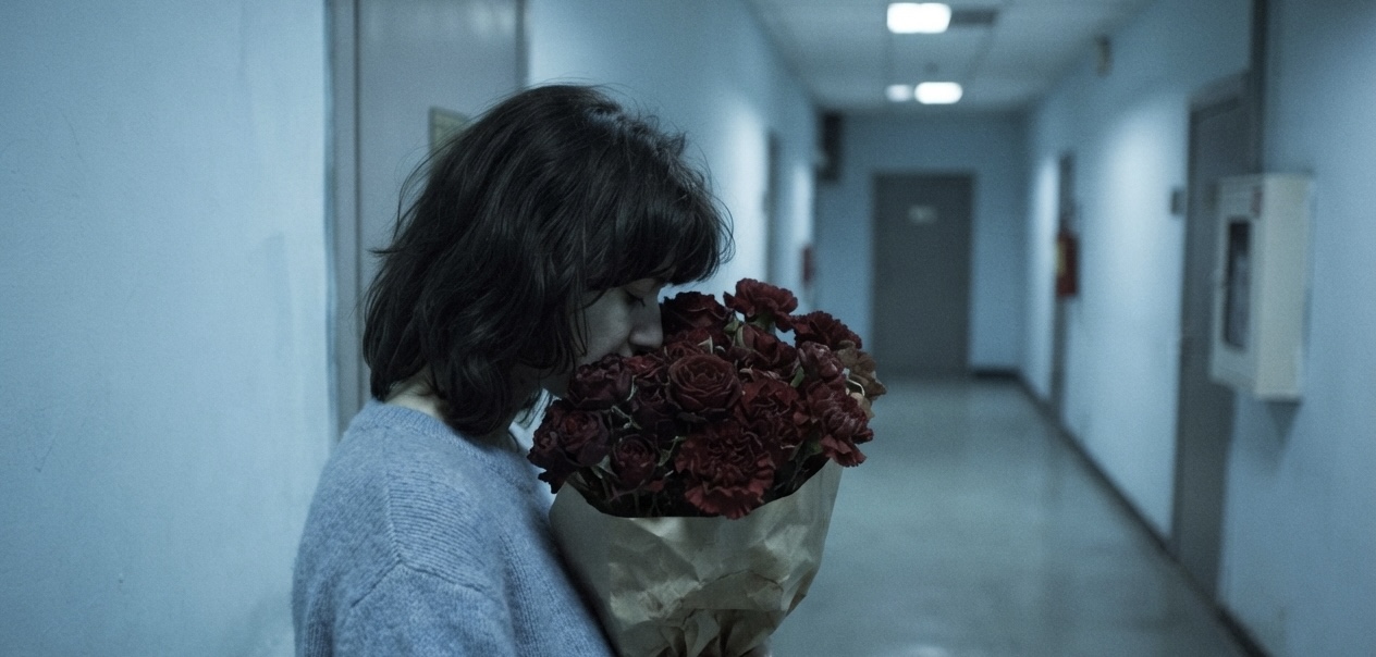 A woman holding a bouquet of dark red carnations in a pale institutional hallway