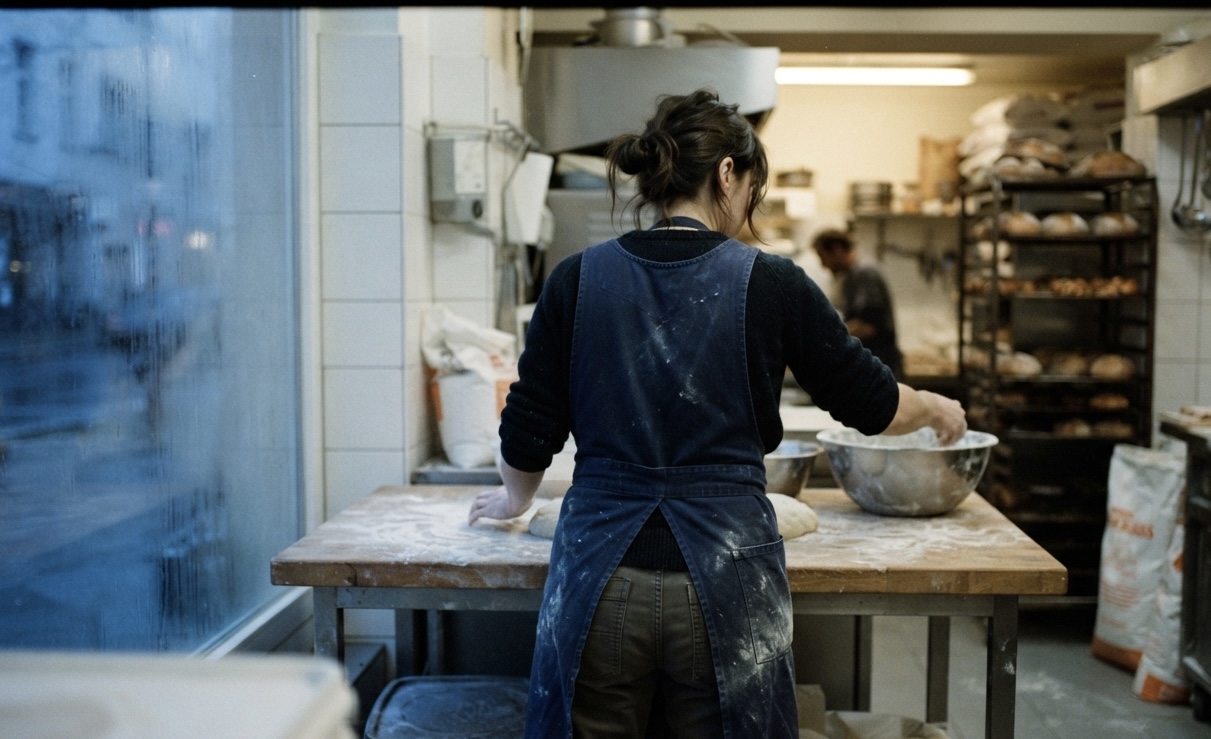 A baker in a flour-dusted denim apron working alone at a wooden bench before dawn