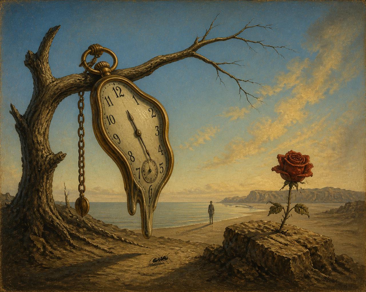 A surreal Dali-style painting of today's weather: melting clock on a bare tree, one rose, one ant, distant beach